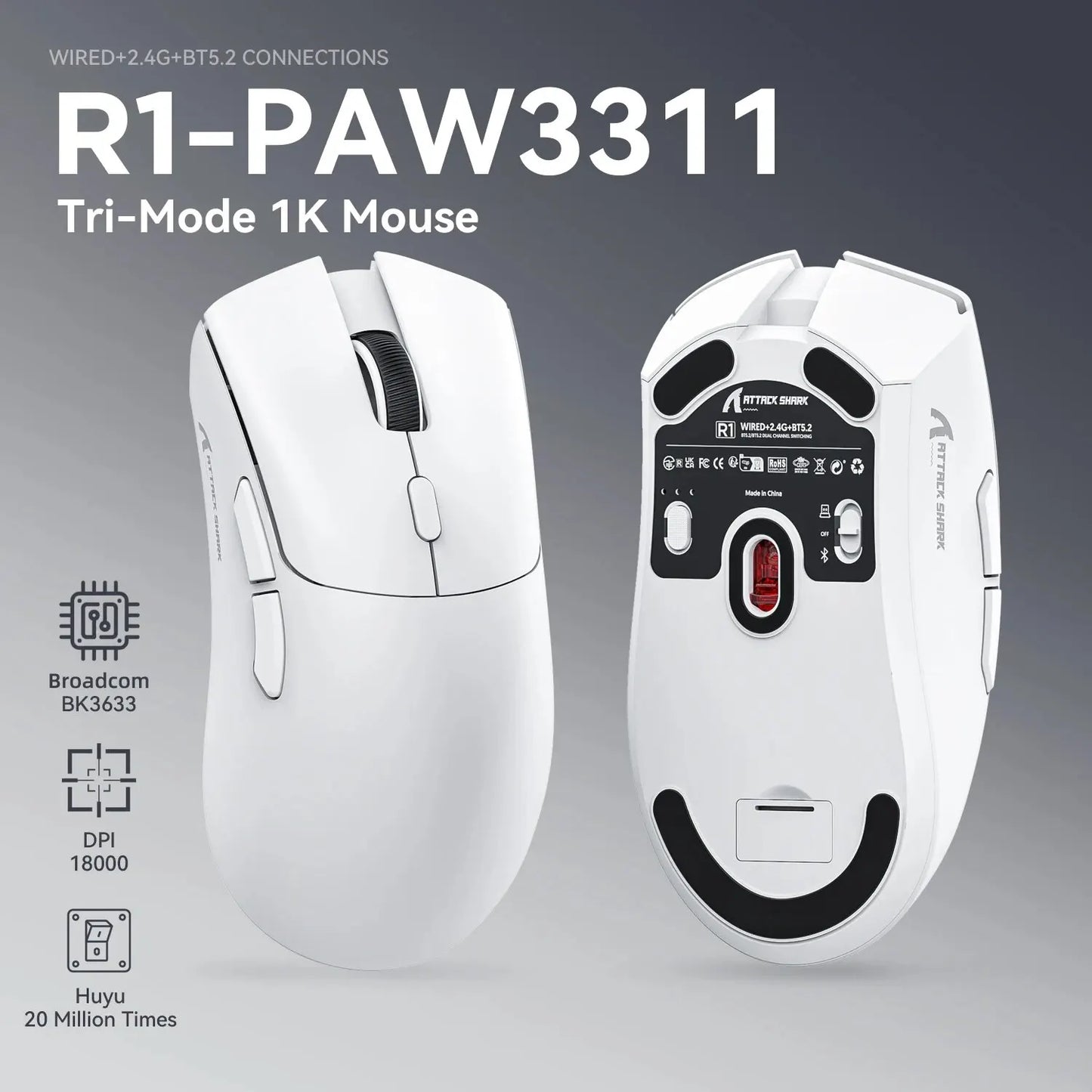 R1 Superlight Wireless Gaming Mouse Bluetooth 2.4G with PixArt PAW3311 Sensor 6 Adjustable DPI Options for Office And Game