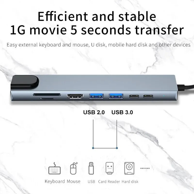 USB 8-in-1 Type C HD TV Hub Adapter 4K DisplayPort SD/TF Card Reader RJ45 Fast Charging for MacBook Notebook Computer