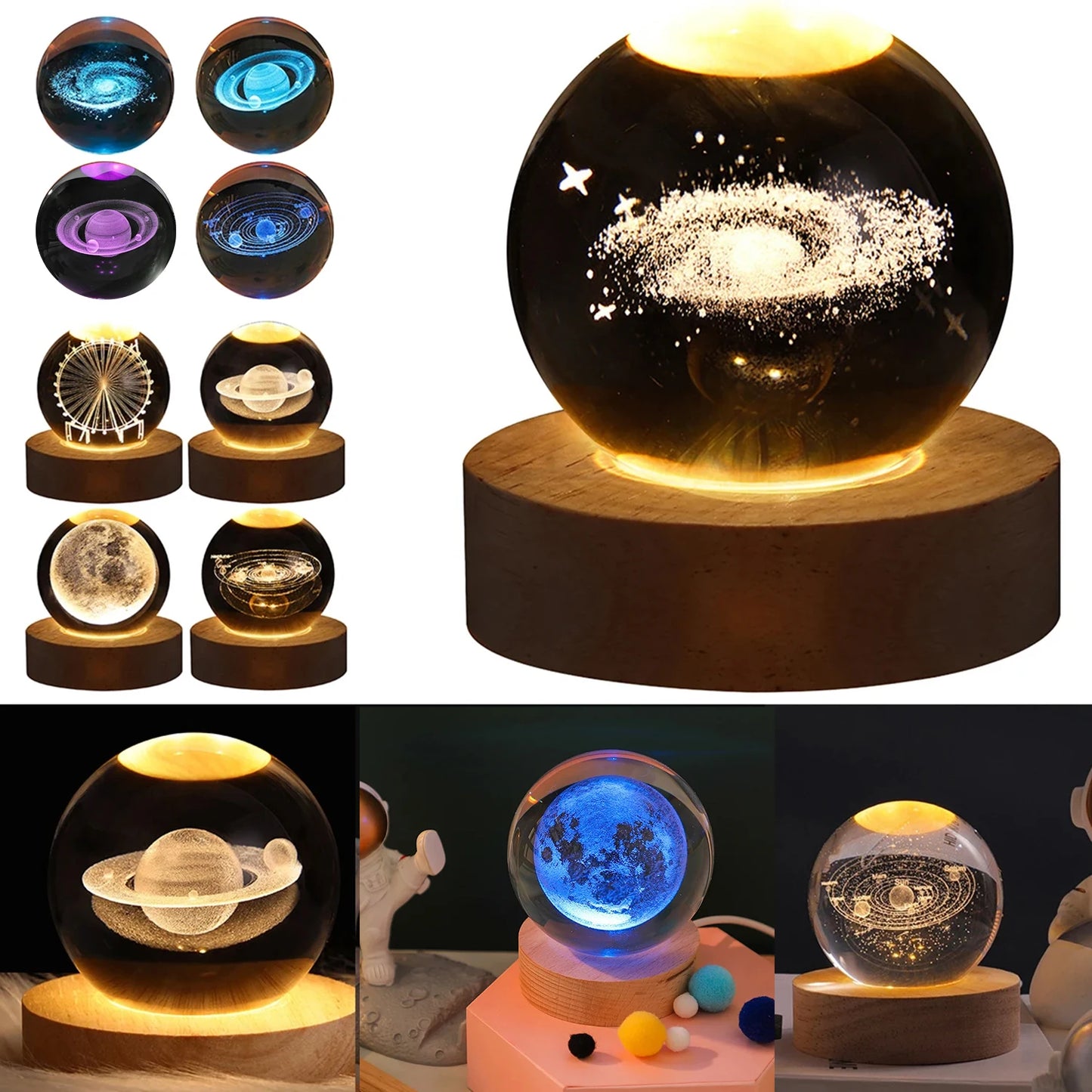 light in the shape of a moon, planet, and galaxy