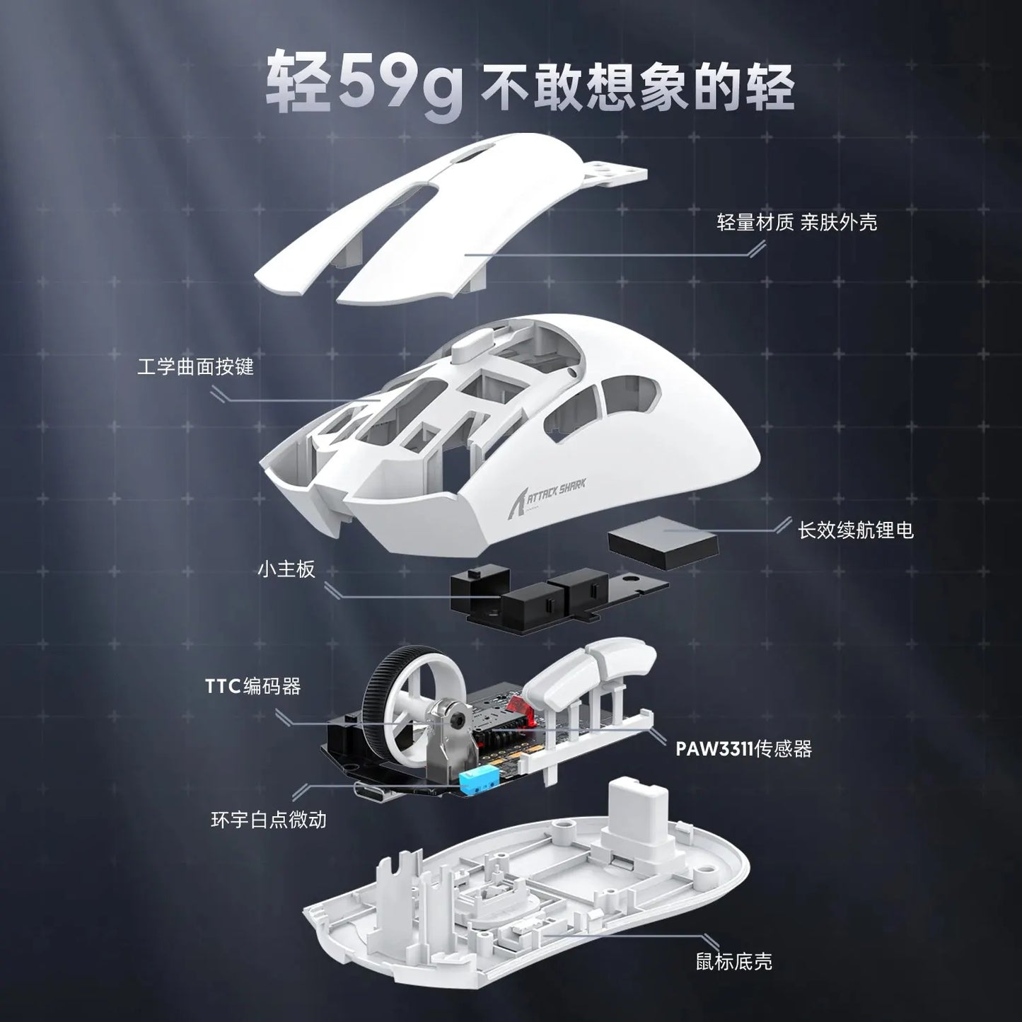 R1 Superlight Wireless Gaming Mouse Bluetooth 2.4G with PixArt PAW3311 Sensor 6 Adjustable DPI Options for Office And Game