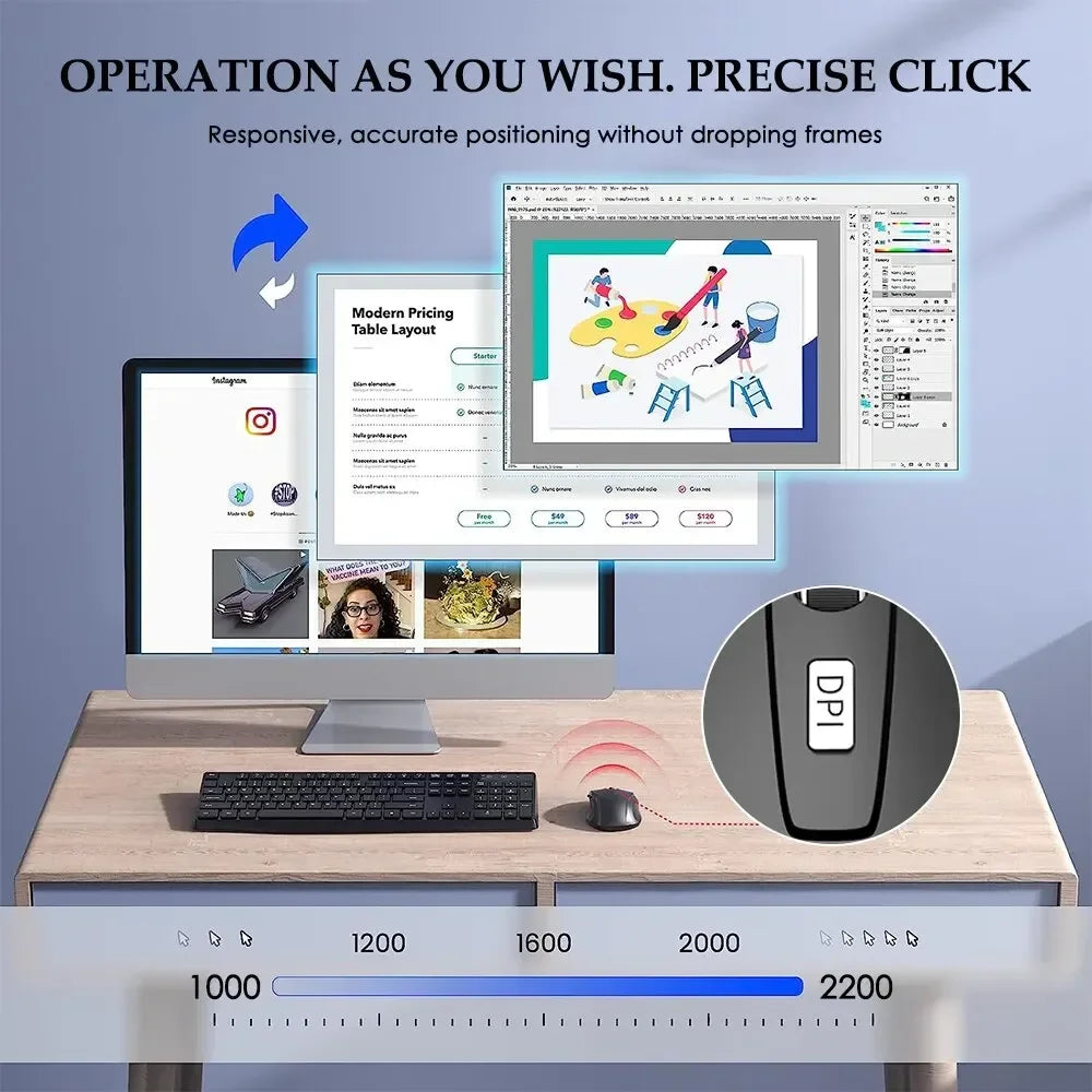 Silent Wireless Mouse 2.4G Portable Optical for Notebook PC Laptop MacBook with Adjustable DPI Levels USB Interface Both Hands Compatible