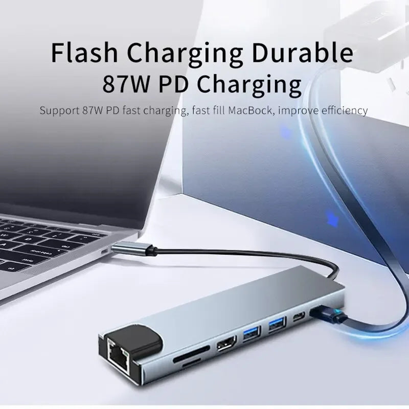 USB 8-in-1 Type C HD TV Hub Adapter 4K DisplayPort SD/TF Card Reader RJ45 Fast Charging for MacBook Notebook Computer