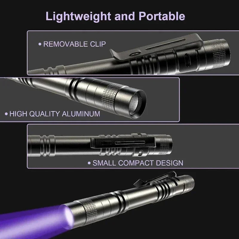 Portable 365nm UV Flashlight with Pen Clip Violet Light Ultraviolet Lamp for Pet Urine & Scorpion Detection - Requires AAA Batteries